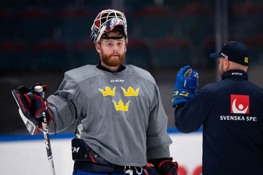 Goaltender Marcus Högberg of Sweden at a training session