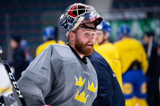 Goaltender Marcus Högberg of Sweden at a training session