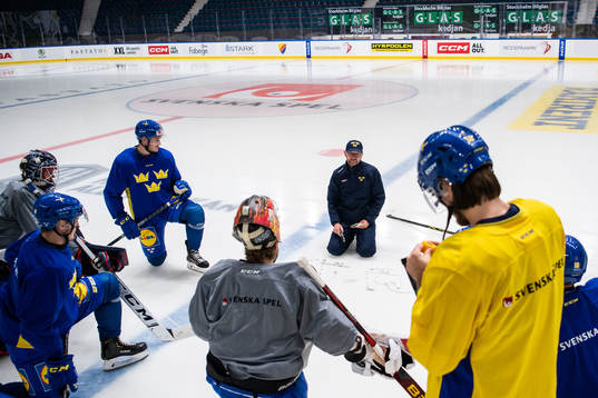 Goaltender coach Stefan Ladhe of Sweden at a training