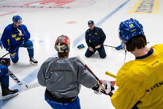 Goaltender coach Stefan Ladhe of Sweden at a training