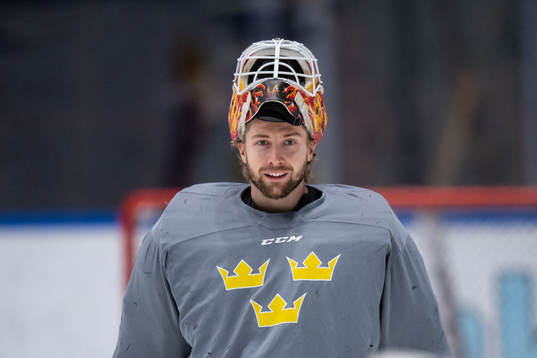 Goaltender Joel Lassinantti of Sweden at a training session