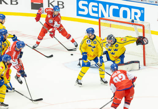 Goaltender Marcus Högberg of Sweden and Roman Cervenka of
