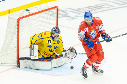 Goaltender Marcus Högberg of Sweden and Jiri Smejkal of