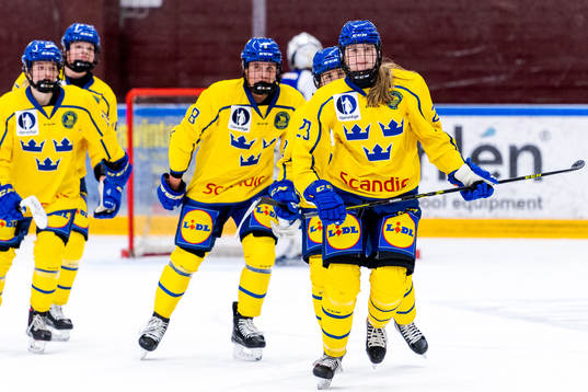 Sveriges målskytt Isabelle Leijonhielm jublar med laget