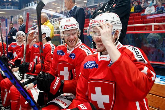 Mirco Müller and Dean Kukan of Switzerland
