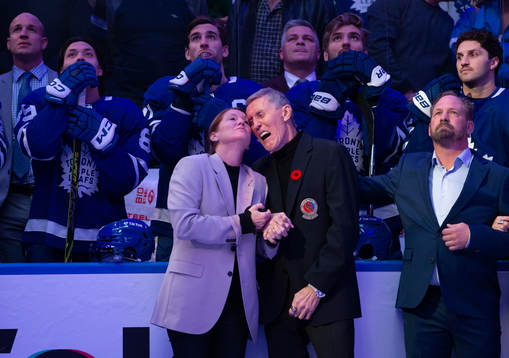 Pia Salming and Börje Salming prior to the NHL game