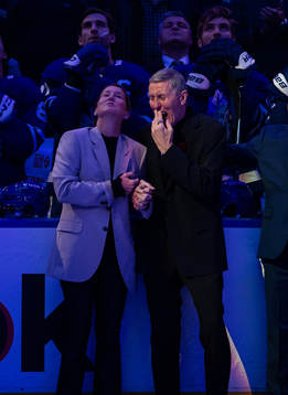 Börje Salming reacts to a video tribute honouring his