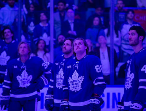 William Nylander of the Toronto Maple Leafs watches a video
