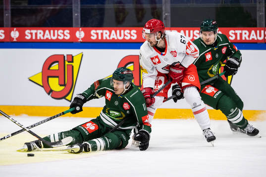 Joakim Nygård of Färjestad and Kelly klima of Mountfield