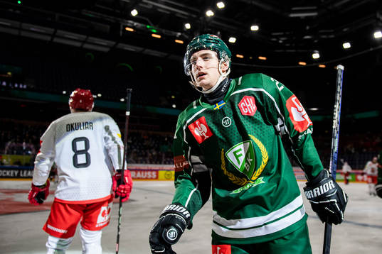 Joel Nyström of Färjestad celebrates scoring 4-3