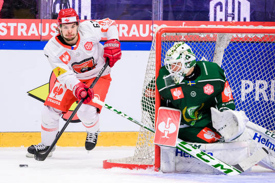 Kelly klima of Mountfield and goaltender Matthew Tomkins