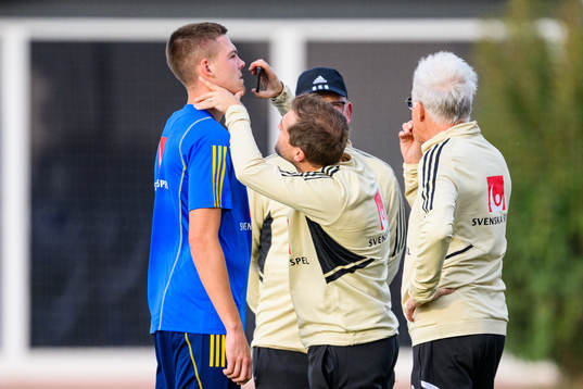Emil Holm of the Swedish national football team is looked