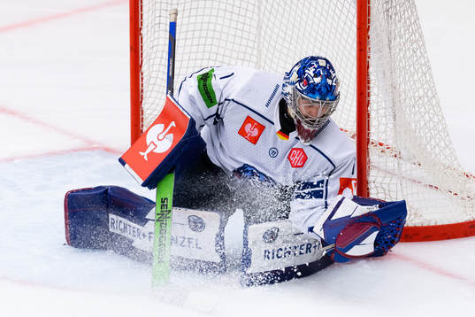 Goalkeeper Manuel Florian of Straubing Tigers