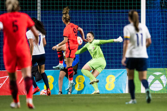 Rachel Daly of England and goalkeeper Aurora Mikalsen of