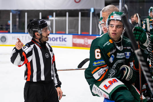 Domare Mattias Enroth och Kristianstads tränare Mikael Gath