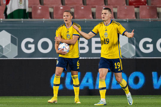 Ludwig Augustinsson and Mattias Svanberg of Sweden react