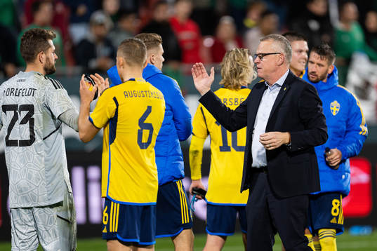 Head coach Janne Andersson of Sweden celebrates