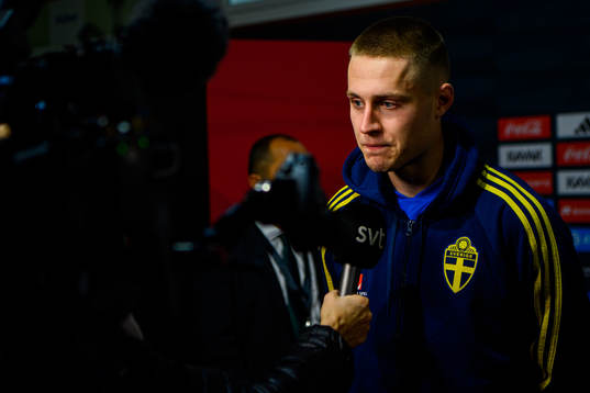 Mattias Svanberg of Sweden is interviewed by the media