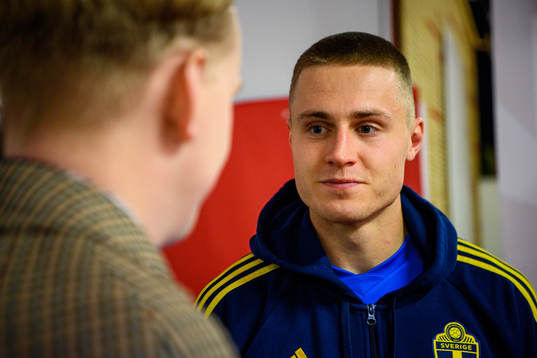Mattias Svanberg of Sweden is interviewed by the media