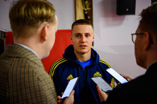 Mattias Svanberg of Sweden is interviewed by the media
