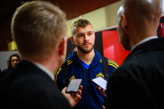 Jesper Karlström of Sweden is interviewed by the media