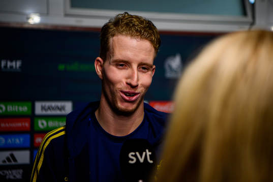Samuel Gustafson of Sweden is interviewed by the media