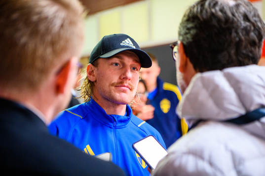Emil Forsberg of Sweden is interviewed by the media