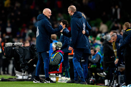 Ståle Solbakken, head coach of Norway, celebrates with