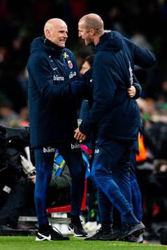 Ståle Solbakken, head coach of Norway, celebrates with