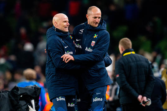 Ståle Solbakken, head coach of Norway, celebrates with