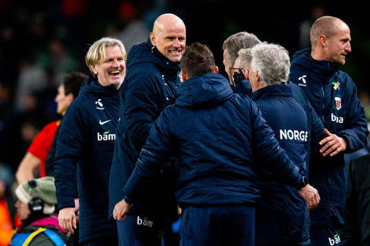 Ståle Solbakken, head coach of Norway, celebrates with