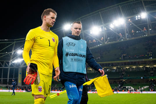 Goalkeeper Ørjan Håskjold Nyland and Marius Lode of Norway