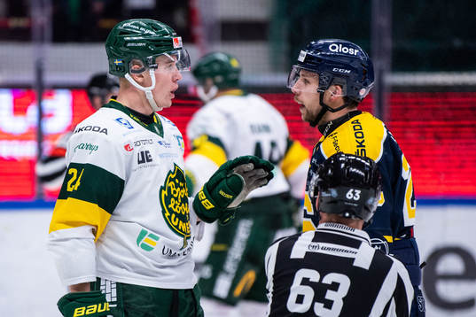 Björklövens Linus Cronholm i diskussion med Södertäljes