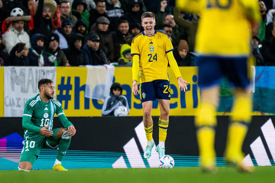 Emil Holm of Sweden reacts against a call by the referee
