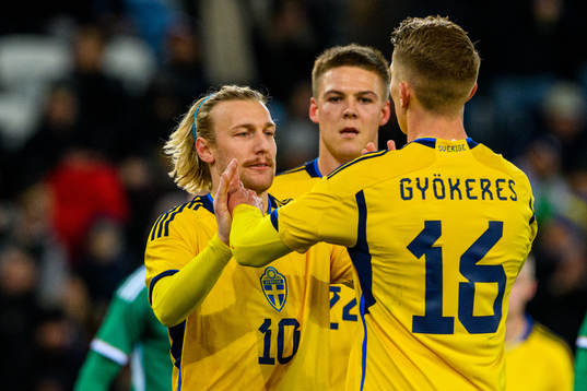 Emil Forsberg, Emil Holm and Viktor Gyökeres celebrate