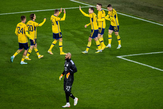 Viktor Claesson of Sweden celebrates with team mates