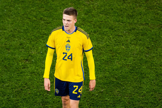 Emil Holm of Sweden leaves the pitch at half time