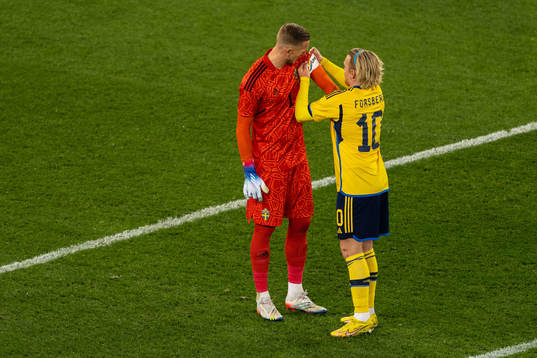 Goalkeeper Robin Olsen and Emil Forsberg of Sweden