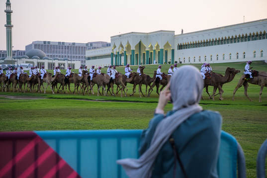 A woman takes photos of camels riding in front of