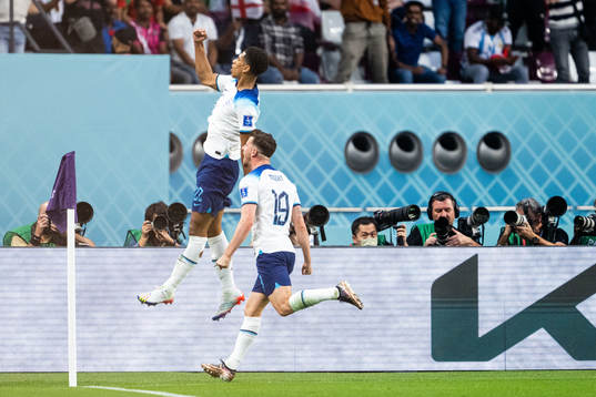 Mason Mount and Jude Bellingham of England celebrate 1-0