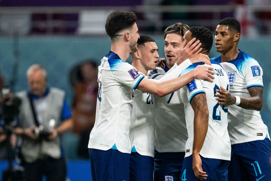 Players of England celebrate 6-1 by Jack Grealish