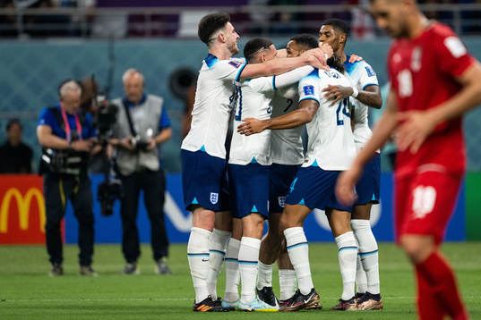 Players of England celebrate 6-1 by Jack Grealish