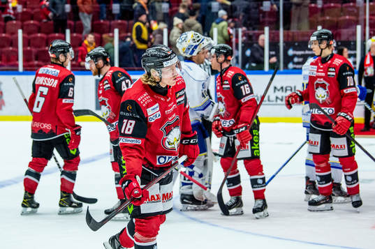 Malmö Redhawks Marcus Sylvegård deppar med lagkamraterna