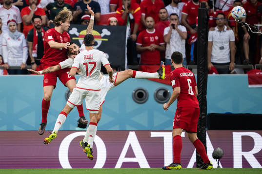 Joachim Andersen of Denmark against Dylan Bronn and Ellyes