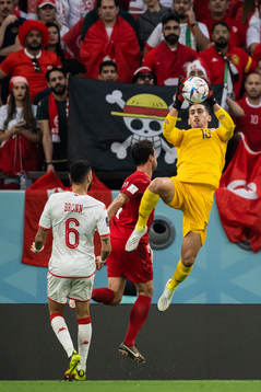 goalkeeper Aymen Dahmen of Tunisia and Thomas Delaney of