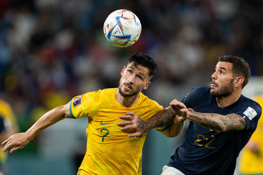 Mathew Leckie of Australia and Theo Hernandez of France