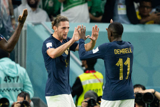 Adrien Rabiot and Ousmane Dembele of France celebrate the