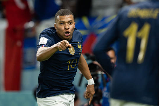 Kylian Mbappe of France celebrates the 3-1 goal