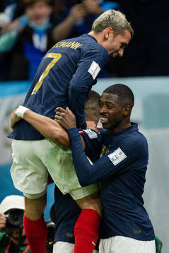 Antoine Griezmann, Dayot Upamecano and Kylian Mbappe of