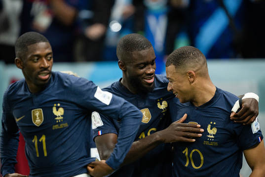 Ousmane Dembele, Dayot Upamecano and Kylian Mbappe of